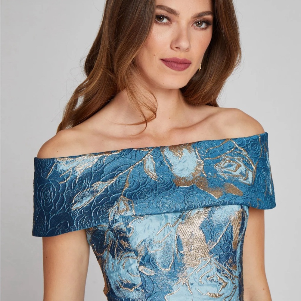 Ricky Freeman for Teri Jon in Peacock Gold Jacquard Gown